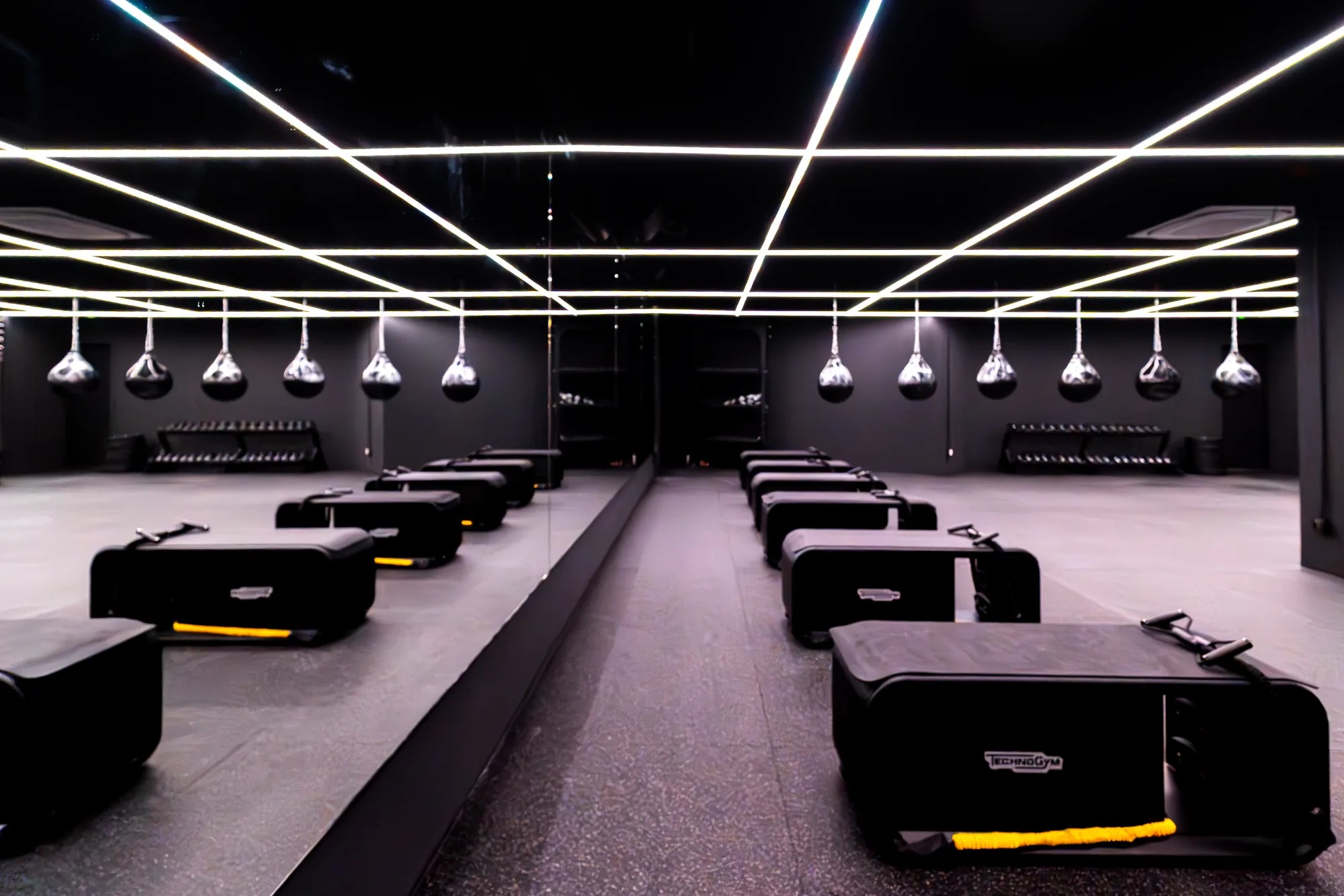 Boost room avec sacs de frappe et lignes néon chez ONE PULS Bruxelles